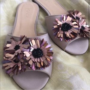 🌸J. Crew Satin Lavender Slides Sequins Flowers 🌸